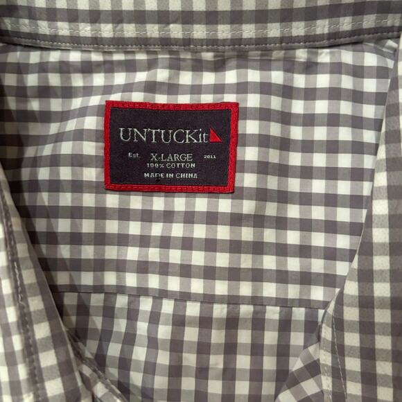 Untuckit Men's Gray & White Checked Point Collar Button Down XL Shirt - Picture 5 of 6